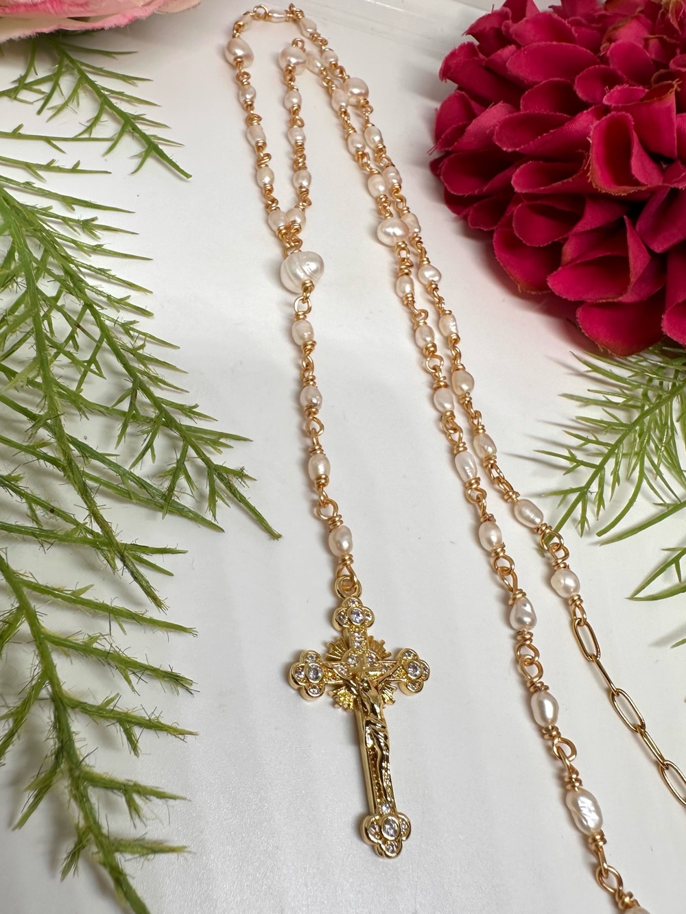 NEW ⚜️ Freshwater Pearl Handmade Rosary Necklace - Picture 3 of 8